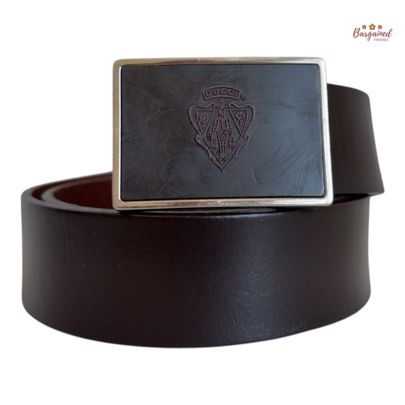 Authentic Gucci Brown Leather Crest Logo Plaque Men's Buckle Belt Size 90/36 - Picture 1 of 13